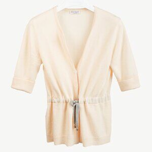 Brunello Cucinelli Cream Cashmere Drawstring-Waist Elbow-Sleeve Cardigan